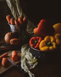 High angle view of vegetables in basket on table