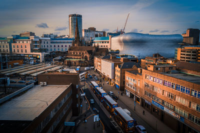 Aerial view of city at sunset