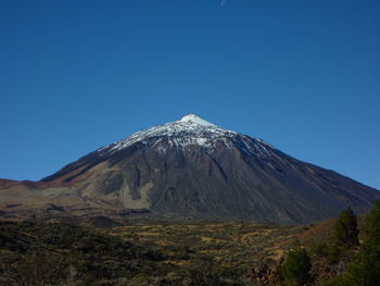 Scenic view of snowcapped mountains against clear blue sky