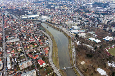 Aerial urban landscape, houses and flat of blocks. above view of cluj napoca, city, romania