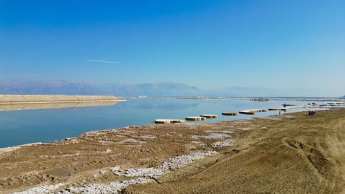 Scenic view of beach against clear blue sky