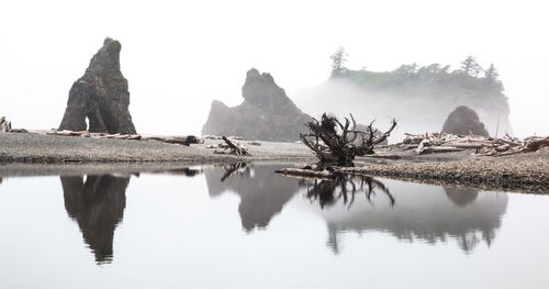 Reflection of trees in lake against clear sky