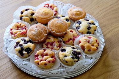 High angle view of fresh homemade cookies in plate on table