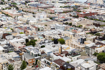 High angle view of residential buildings in city