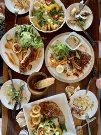 High angle view of food served on table