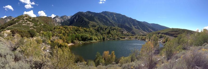 Scenic view of lake and mountains against sky