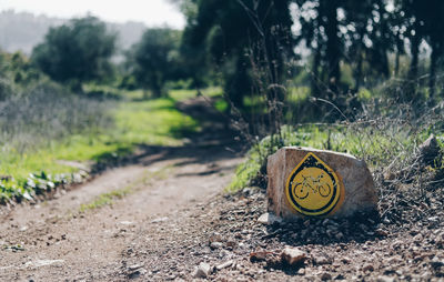 Road sign on field