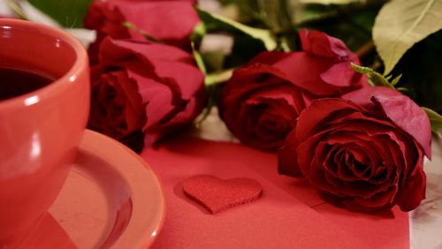 Coffee and flowers red roses for valentine's day