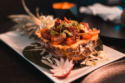 Close-up of food in plate on table