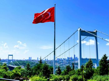 Red flag by suspension bridge against sky