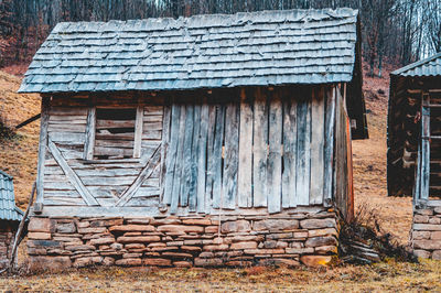 Old abandoned house against building