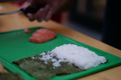 Close-up of sushi ingredients on table