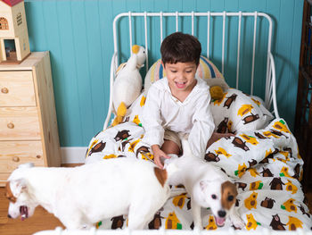 High angle view of dog on bed at home