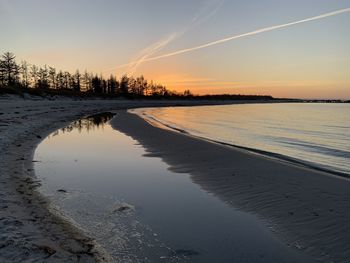 Scenic view of beach against sky during sunset