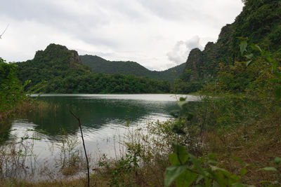 Scenic view of lake and mountains against sky