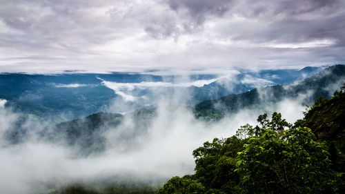 Scenic view of waterfall in forest against sky