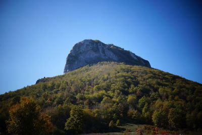 Low angle view of mountain against clear blue sky