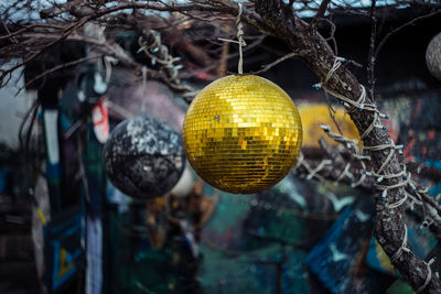 Mirror balls on a tree outside