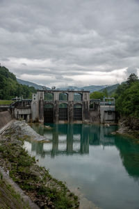 Scenic view of lake by building against sky