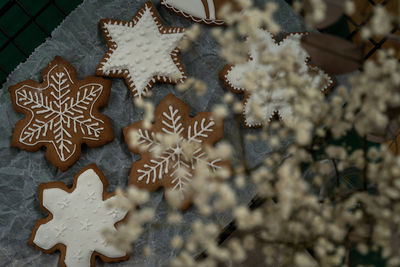 High angle view of cookies on christmas tree