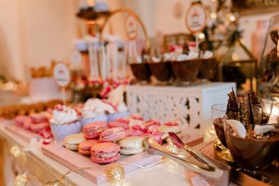 View of various sweets and cookies on table