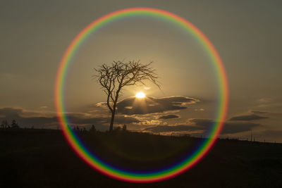 Scenic view of rainbow against sky during sunset