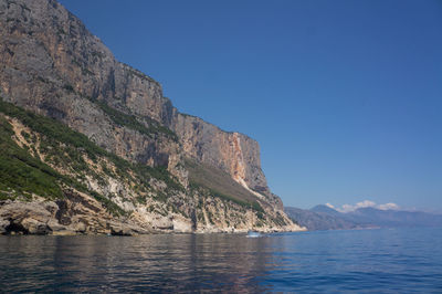 Scenic view of sea and mountains against clear blue sky