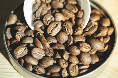 High angle view of coffee beans in bowl on table