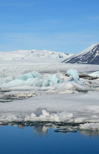 Blue glacial ice melt in the summer months in iceland.