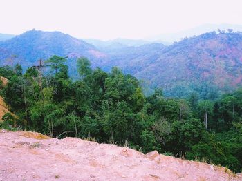 Scenic view of trees and mountains against sky