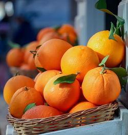 Close-up of oranges in basket for sale at market