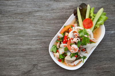 High angle view of food in plate on table