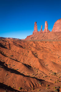 Rock formations against clear blue sky