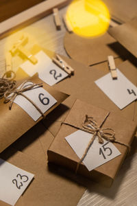 High angle view of christmas decorations on table