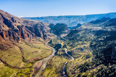 High angle view of landscape against clear sky