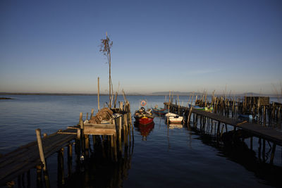 Man standing on sea against clear sky