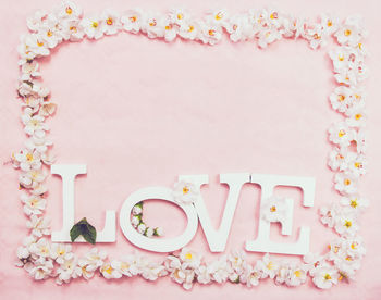Love text with flower decorations over pink background