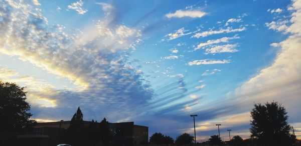 Low angle view of silhouette trees and buildings against sky