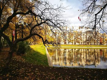 Trees by lake in park against sky during autumn