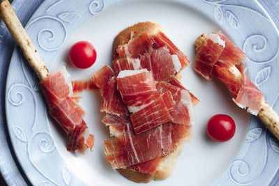 High angle view of breakfast served on table