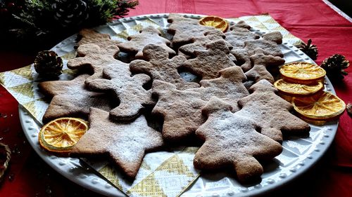 High angle view of cookies in plate on table