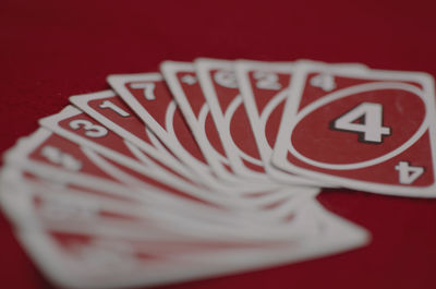 Close-up of text on red table