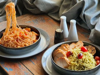 High angle view of food in bowl on table