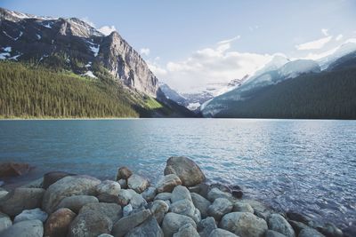 Scenic view of lake and mountains against sky