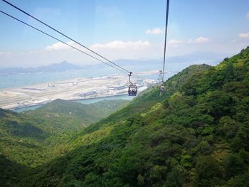 Overhead cable car over sea against sky