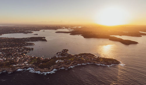 Drone view of south head, watsons bay with sydney harbour, cbd and harbour bridge in the background