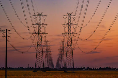 Electricity pylon against sky during sunset