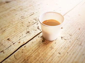 High angle view of coffee cup on table