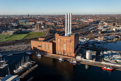 High angle view of buildings in city