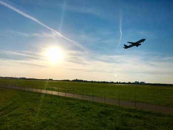 Airplane flying over field against sky